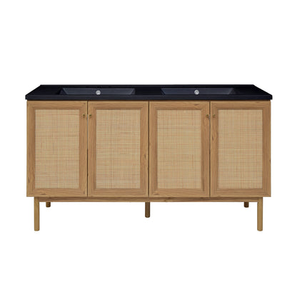 Swiss Madison, Classe 60" Freestanding Bathroom Vanity in Golden Oak with Black 3-Hole Widespread Double Basin Sink Top