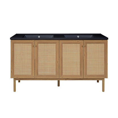 Swiss Madison, Classe 60" Freestanding Bathroom Vanity in Golden Oak with Black Double Basin Sink Top
