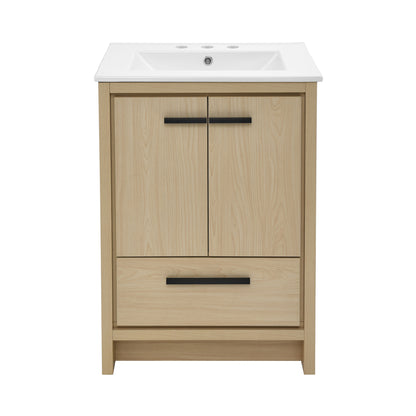 Swiss Madison, Virage 24 in. Brown Oak Bathroom Vanity With White, 3-Hole Ceramic Sink Top