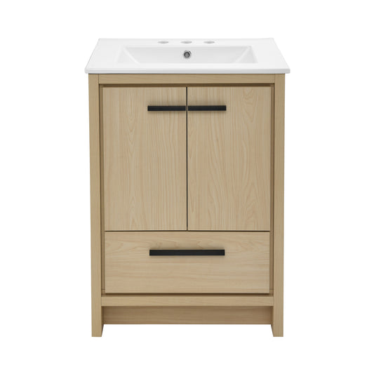 Swiss Madison, Virage 24 in. Brown Oak Bathroom Vanity With White, 3-Hole Ceramic Sink Top