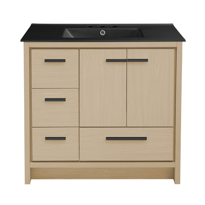 Swiss Madison, Virage 36 in. Brown Oak Bathroom Vanity With Black, 3-Hole Ceramic Sink Top