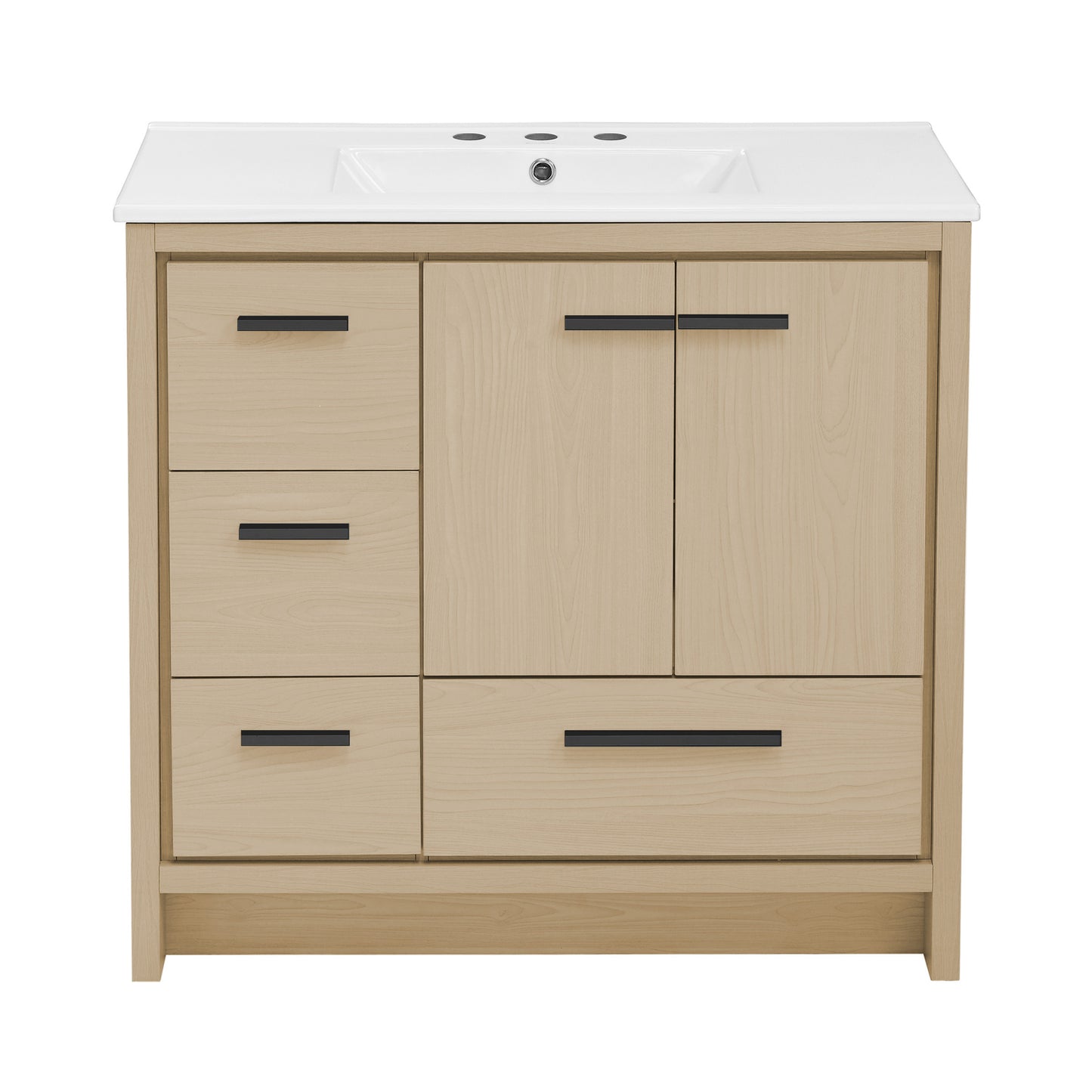 Swiss Madison, Virage 36 in. Brown Oak Bathroom Vanity With White, 3-Hole Ceramic Sink Top