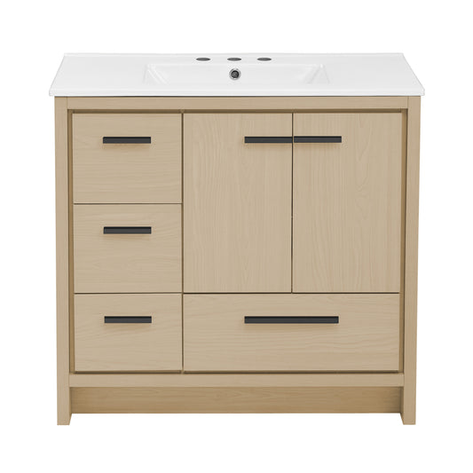 Swiss Madison, Virage 36 in. Brown Oak Bathroom Vanity With White, 3-Hole Ceramic Sink Top