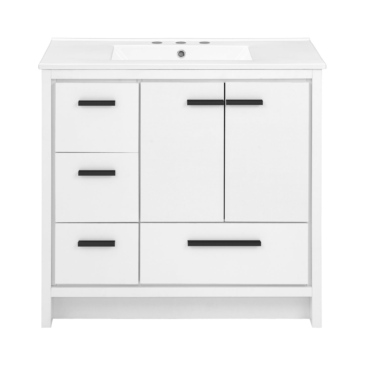 Swiss Madison, Virage 36 in. White Bathroom Vanity With White, 3-Hole Ceramic Sink Top