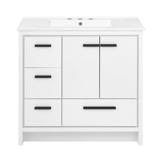 Swiss Madison, Virage 36 in. White Bathroom Vanity With White, 3-Hole Ceramic Sink Top