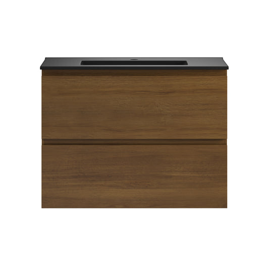 Swiss Madison, Liberte 30" Wall-Mounted Bathroom Vanity in Brown Oak with Black Sink Top