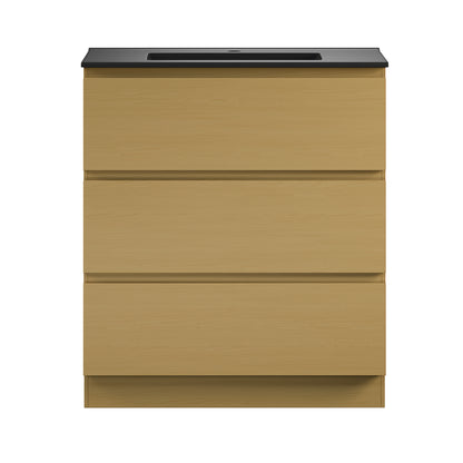 Swiss Madison, Liberte 30" Freestanding Bathroom Vanity in Natural Oak with Black Sink Top