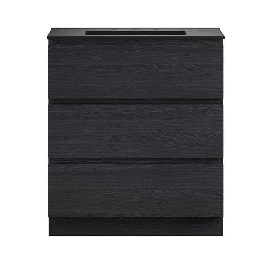 Swiss Madison, Liberte 30" Freestanding Bathroom Vanity in Black Oak with Black 3-Hole Widespread Sink Top
