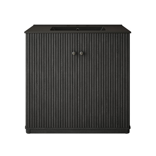 Swiss Madison, Lafayette 36" Freestanding Bathroom Vanity in Black Oak with Matte Black, 3-Hole Widespread Sink Top