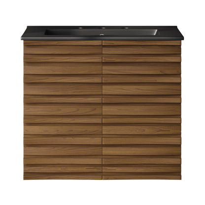 Swiss Madison, Cascade 24" Wall-Mounted Bathroom Vanity in Brown Oak with Black 3-Hole Widespread Sink Top