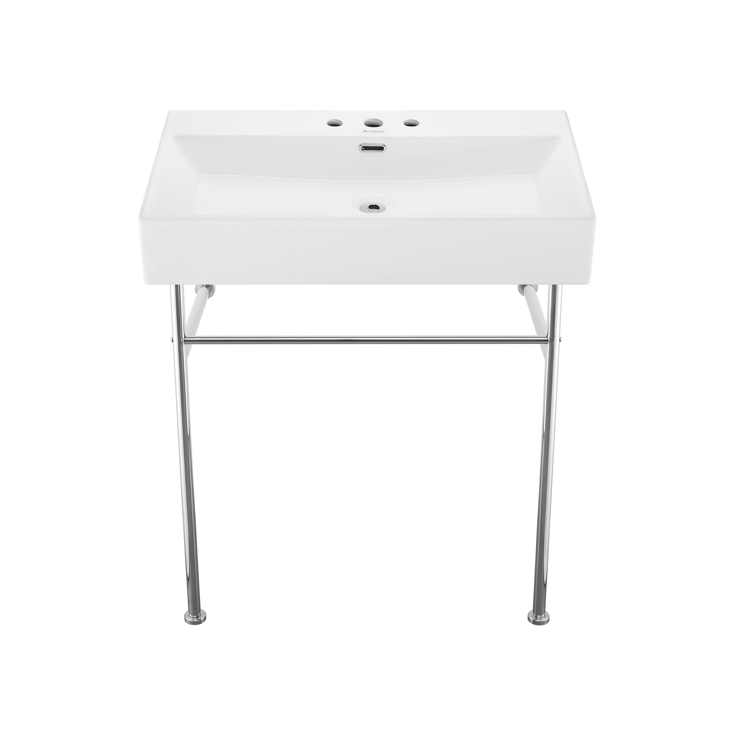 Swiss Madison, Claire 30" Console Sink White Basin Chrome Legs with 8" Widespread Holes