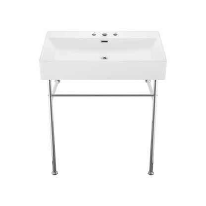 Swiss Madison, Claire 30" Console Sink White Basin Chrome Legs with 8" Widespread Holes