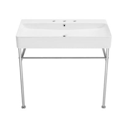 Swiss Madison, Carre 36" Console Sink White Basin Chrome Legs with 8" Widespread Holes