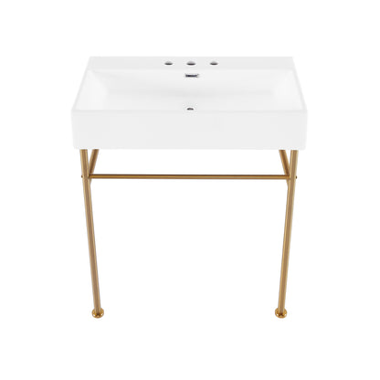 Swiss Madison, Claire 30" Console Sink White Basin Brushed Gold Legs with 8" Widespread Holes