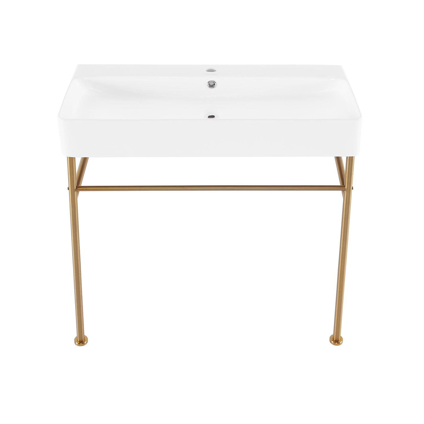 Swiss Madison, Carre 36 Ceramic Console Sink White Basin Brushed Gold Legs