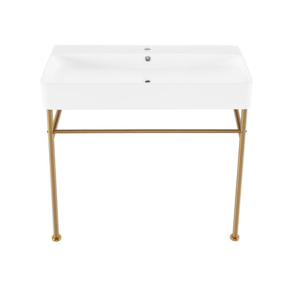 Swiss Madison, Carre 36 Ceramic Console Sink White Basin Brushed Gold Legs