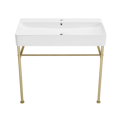 Swiss Madison, Carre 36 Ceramic Console Sink White Basin Gold Legs