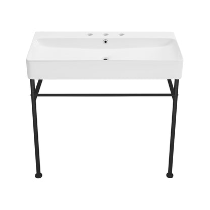 Swiss Madison, Carre 36" Console Sink White Basin Black Legs with 8" Widespread Holes