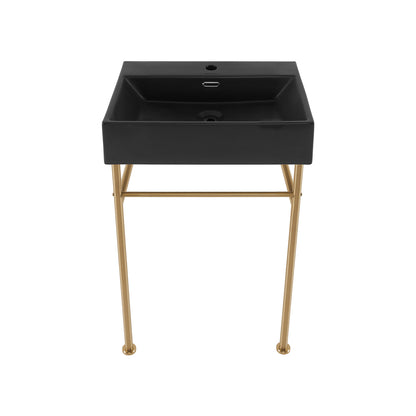Swiss Madison, Claire 24 Ceramic Console Sink Matte Black Basin Brushed Gold Legs