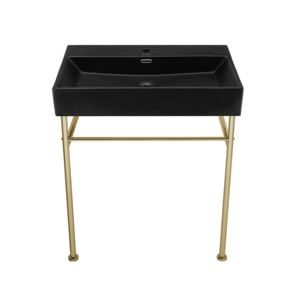 Swiss Madison, Claire 30 Ceramic Console Sink Matte Black Basin Gold Legs