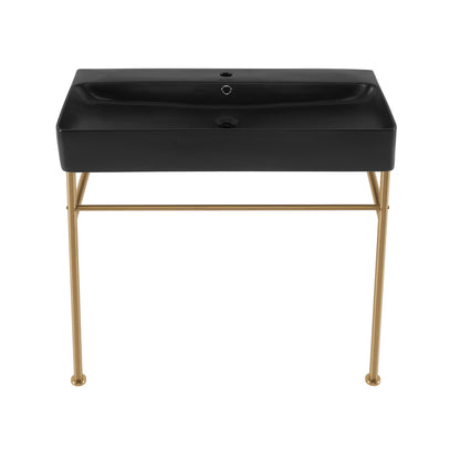 Swiss Madison, Carre 36 Ceramic Console Sink Matte Black Basin Brushed Gold Legs