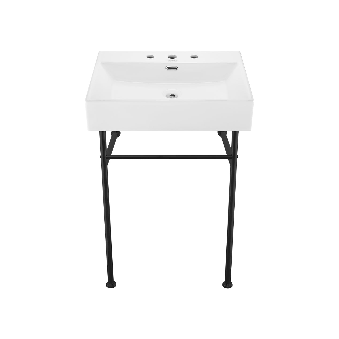 Swiss Madison, Claire 24" Console Sink White Basin Black Legs with 8" Widespread Holes