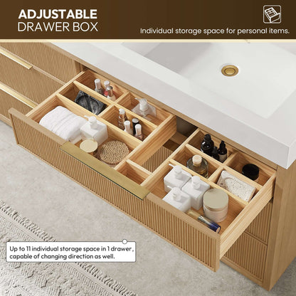 Adjustable drawer box in Vinnova, Hohhot 72" Free-standing Double Bath Vanity in Washed Ash Grey showcasing storage compartments.