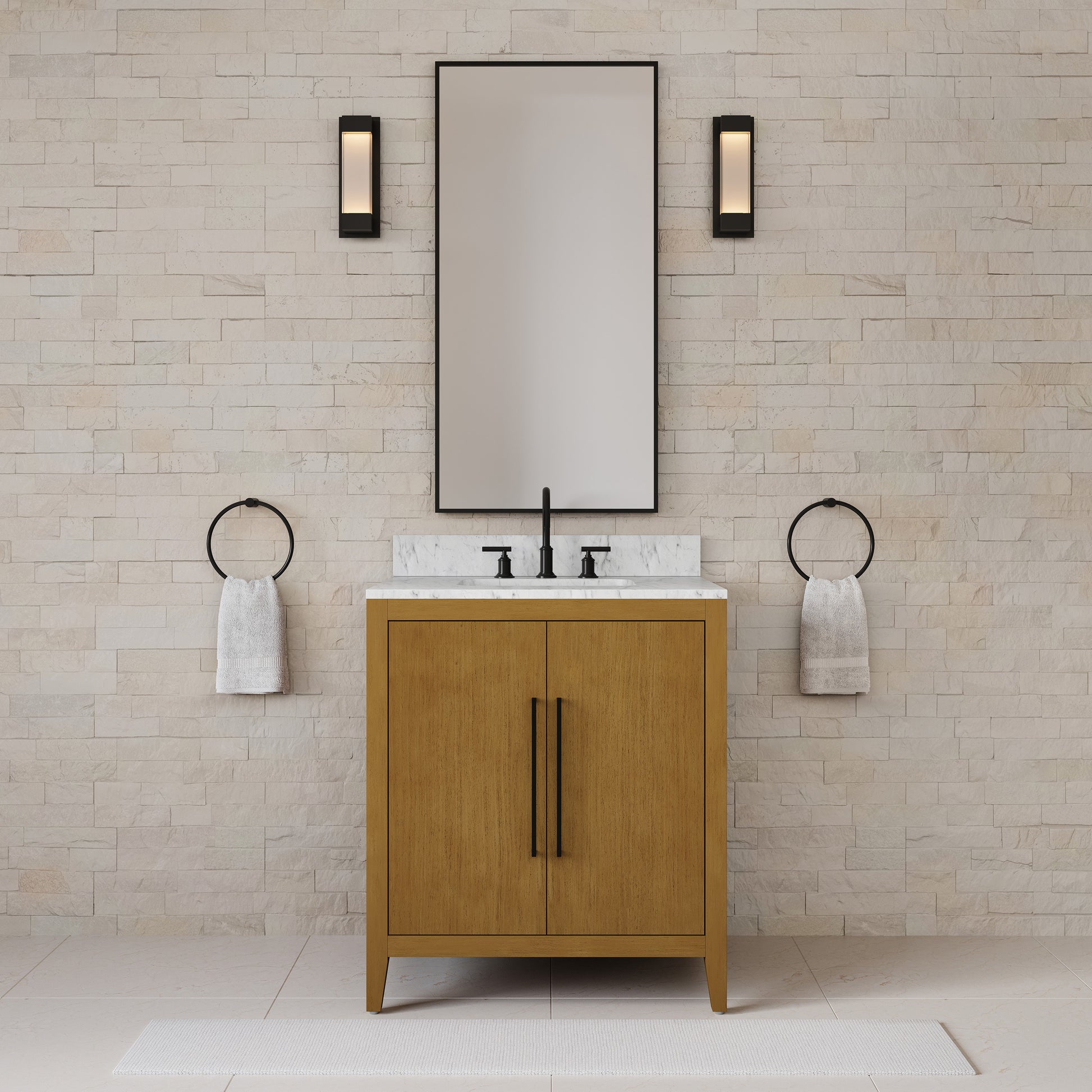 Lusso 30 in. Single Sink Freestanding Baja Oak Bath Vanity with Cararara White Engineered Marble Top (Assembled) | Water Creation