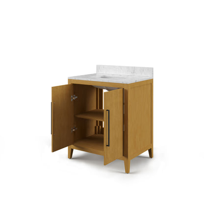Lusso 30 in. Single Sink Freestanding Baja Oak Bath Vanity with Cararara White Engineered Marble Top (Assembled) | Water Creation