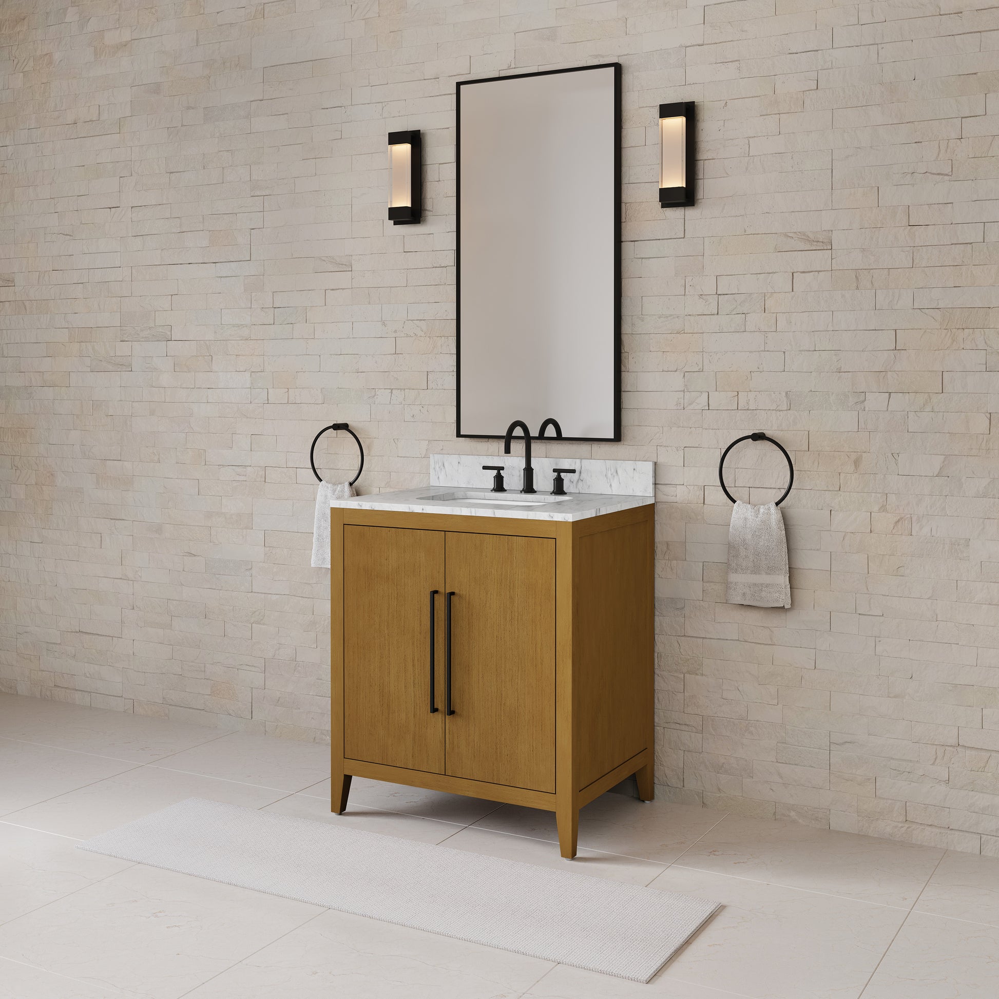 Lusso 30 in. Single Sink Freestanding Baja Oak Bath Vanity with Cararara White Engineered Marble Top (Assembled) | Water Creation