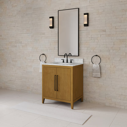 Lusso 30 in. Single Sink Freestanding Baja Oak Bath Vanity with Cararara White Engineered Marble Top (Assembled) | Water Creation