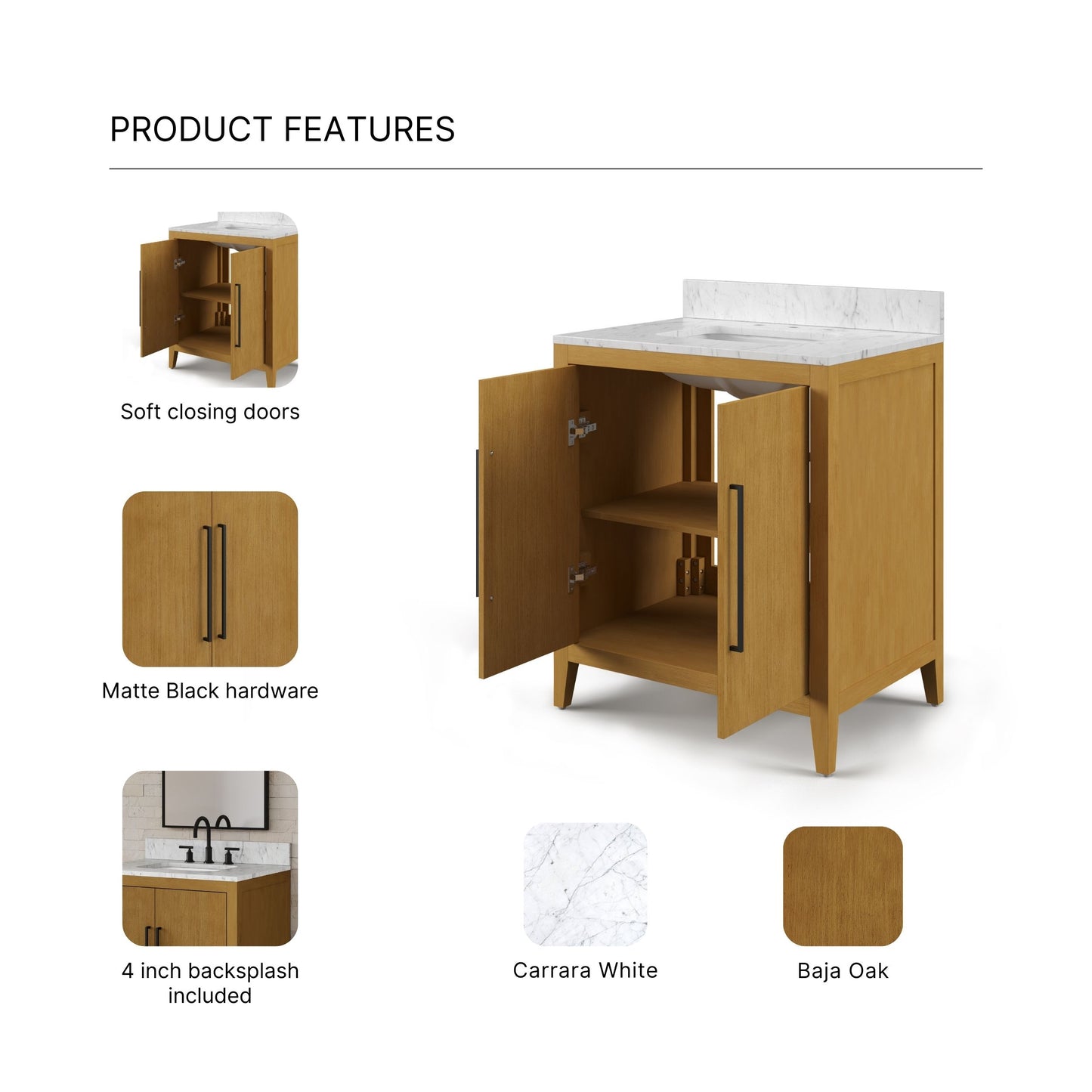 Lusso 30 in. Single Sink Freestanding Baja Oak Bath Vanity with Cararara White Engineered Marble Top (Assembled) | Water Creation