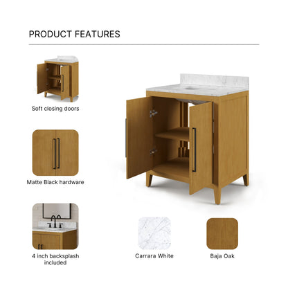 Lusso 30 in. Single Sink Freestanding Baja Oak Bath Vanity with Cararara White Engineered Marble Top (Assembled) | Water Creation