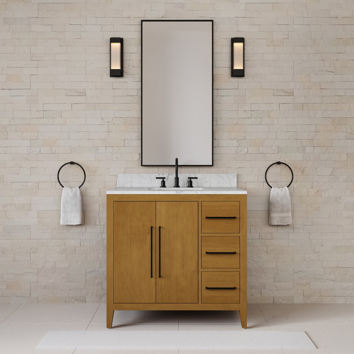 Lusso 36 in. Single Sink Freestanding Baja Oak Bath Vanity with Cararara White Engineered Marble Top (Assembled) | Water Creation