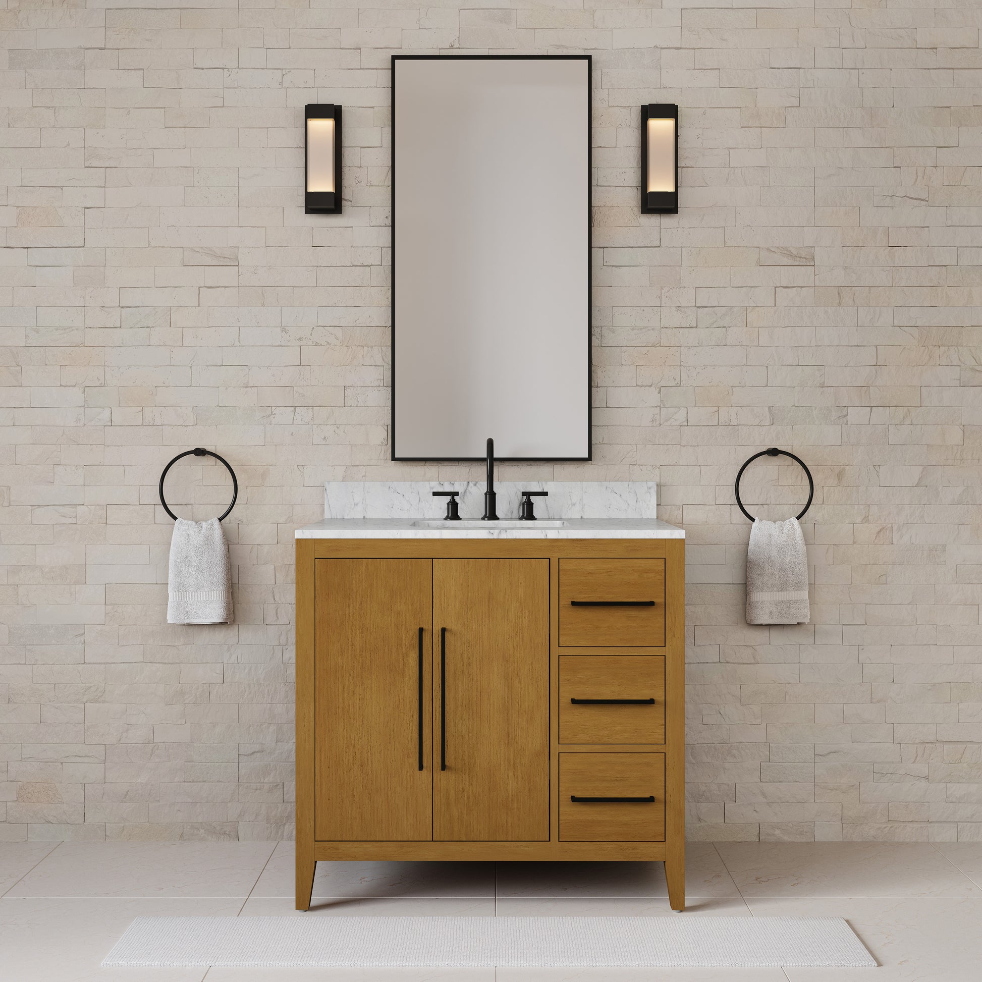 Lusso 36 in. Single Sink Freestanding Baja Oak Bath Vanity with Cararara White Engineered Marble Top (Assembled) | Water Creation