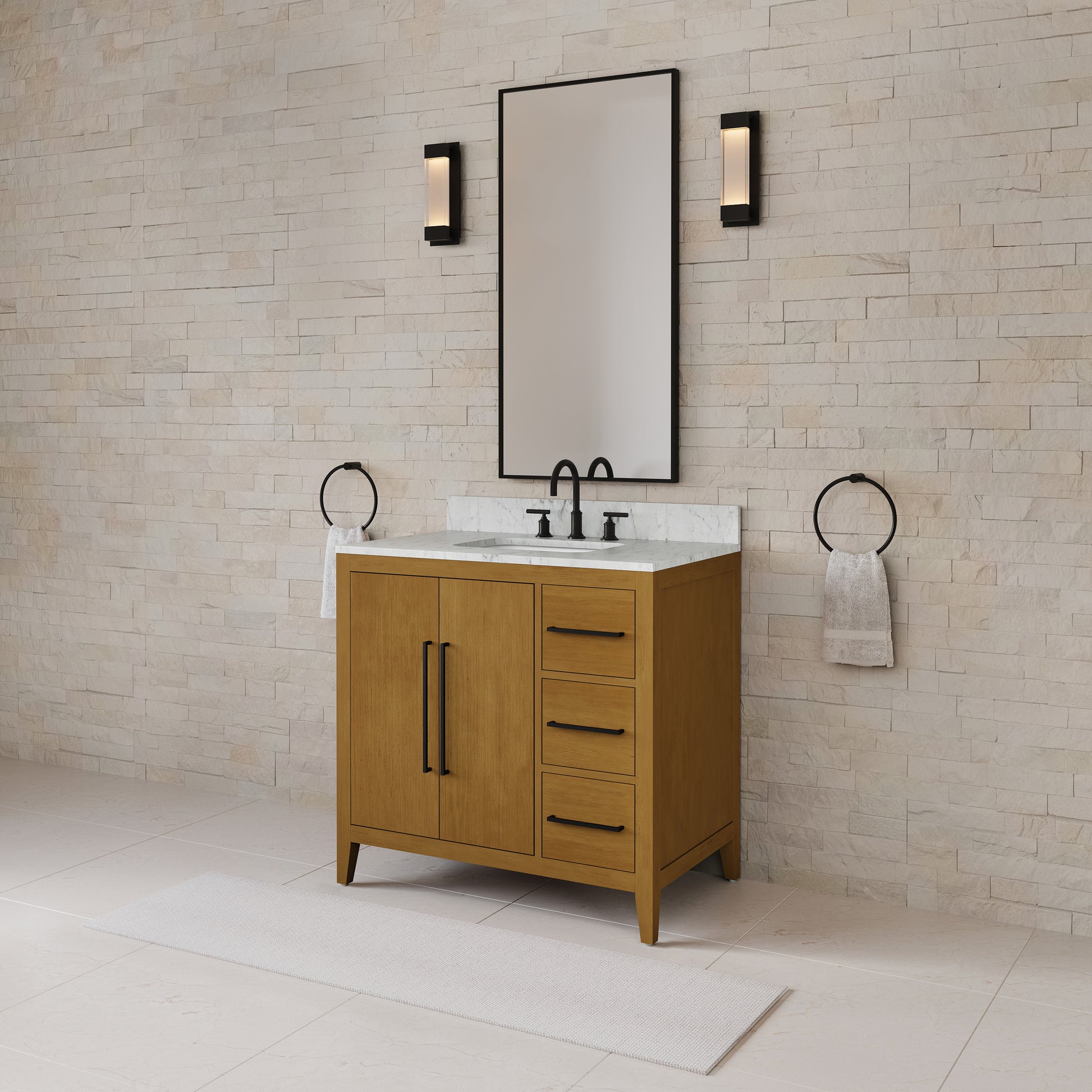 Lusso 36 in. Single Sink Freestanding Baja Oak Bath Vanity with Cararara White Engineered Marble Top (Assembled) | Water Creation