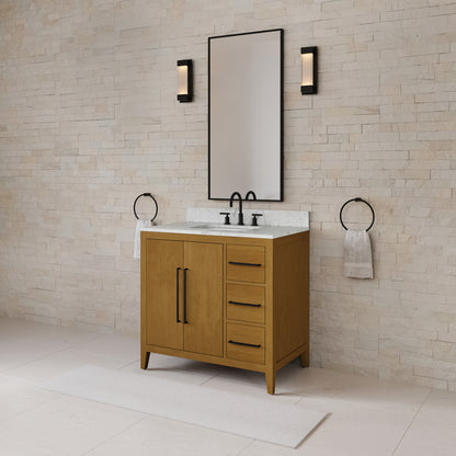 Lusso 36 in. Single Sink Freestanding Baja Oak Bath Vanity with Cararara White Engineered Marble Top (Assembled) | Water Creation