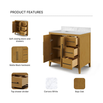Lusso 36 in. Single Sink Freestanding Baja Oak Bath Vanity with Cararara White Engineered Marble Top (Assembled) | Water Creation