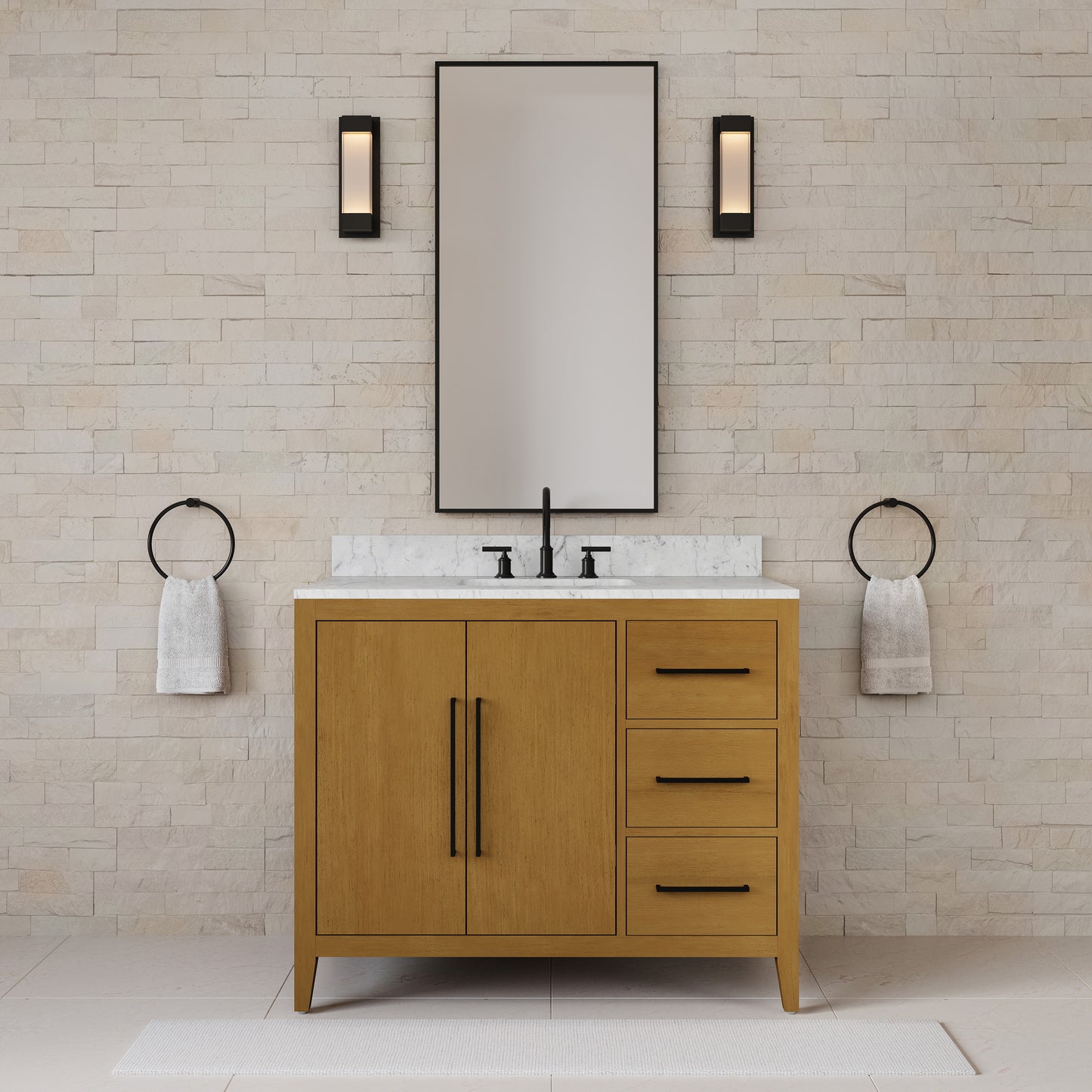 Lusso 42 in. Single Sink Freestanding Baja Oak Bath Vanity with Cararara White Engineered Marble Top (Assembled) | Water Creation