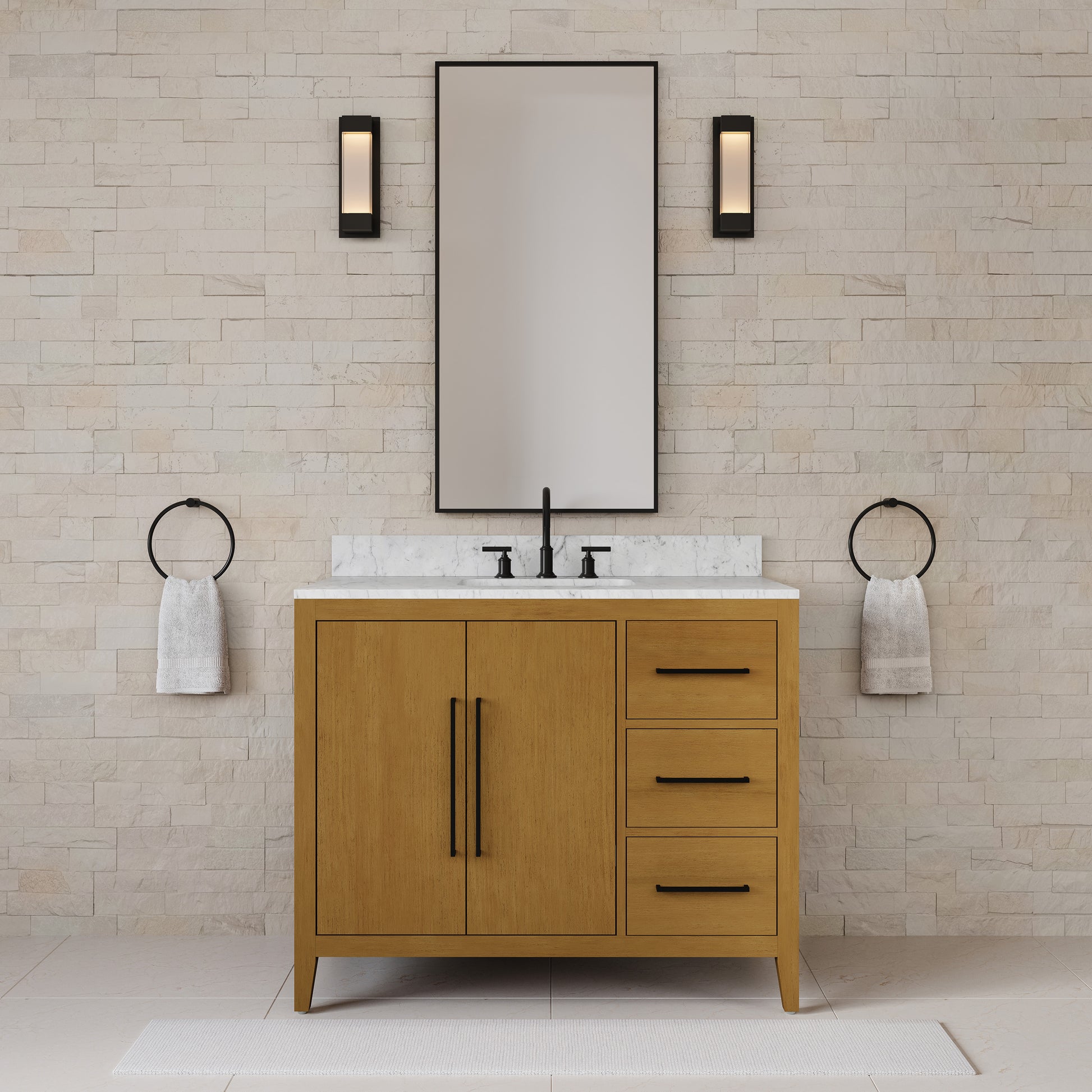 Lusso 42 in. Single Sink Freestanding Baja Oak Bath Vanity with Cararara White Engineered Marble Top (Assembled) | Water Creation