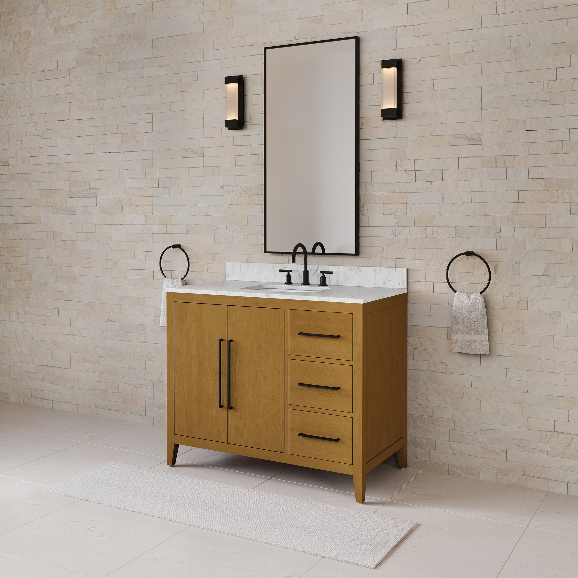 Lusso 42 in. Single Sink Freestanding Baja Oak Bath Vanity with Cararara White Engineered Marble Top (Assembled) | Water Creation