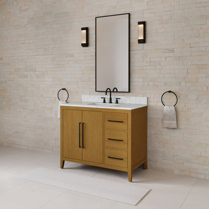 Lusso 42 in. Single Sink Freestanding Baja Oak Bath Vanity with Cararara White Engineered Marble Top (Assembled) | Water Creation