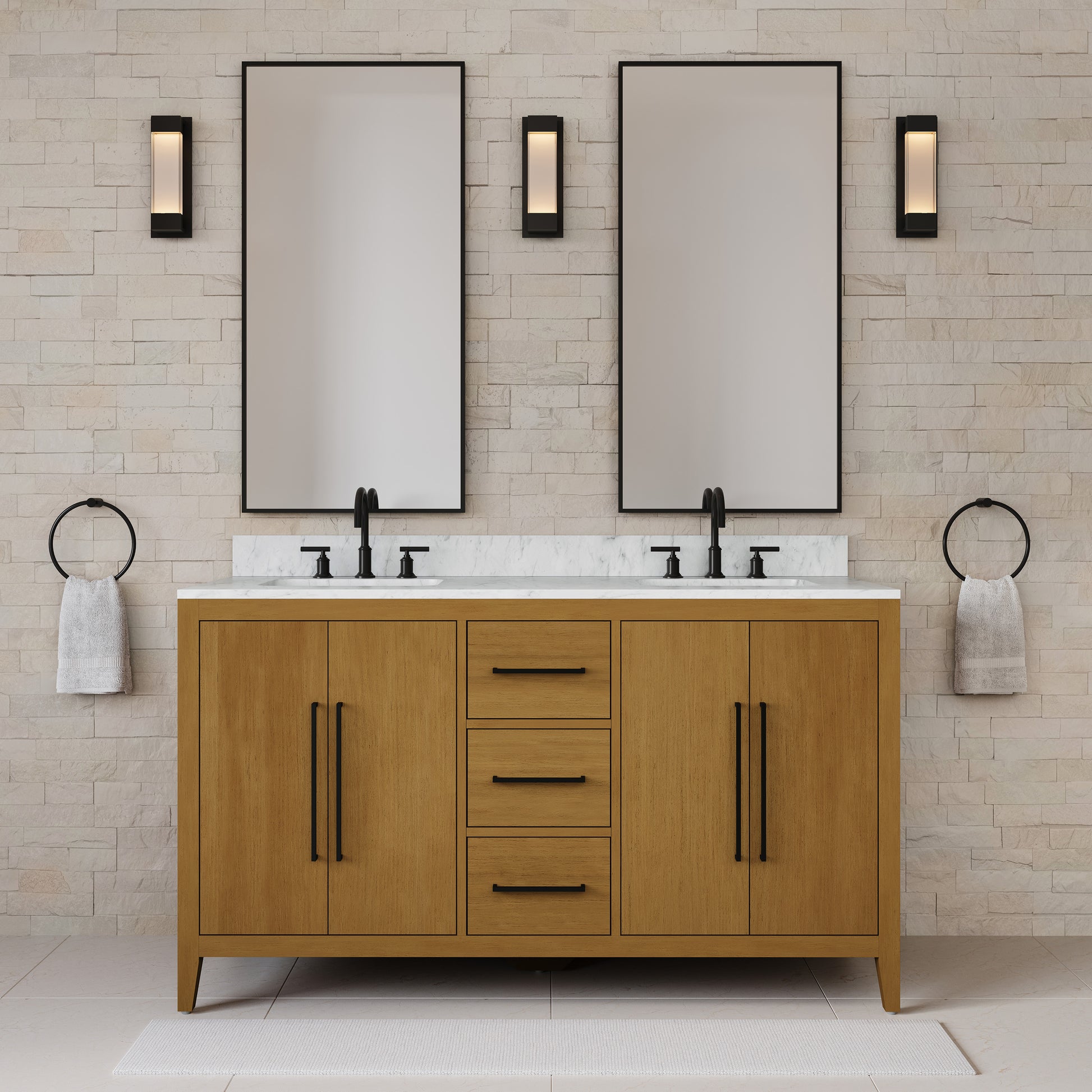 Lusso 60 in. Double Sink Freestanding Baja Oak Bath Vanity with Cararara White Engineered Marble Top (Assembled) | Water Creation