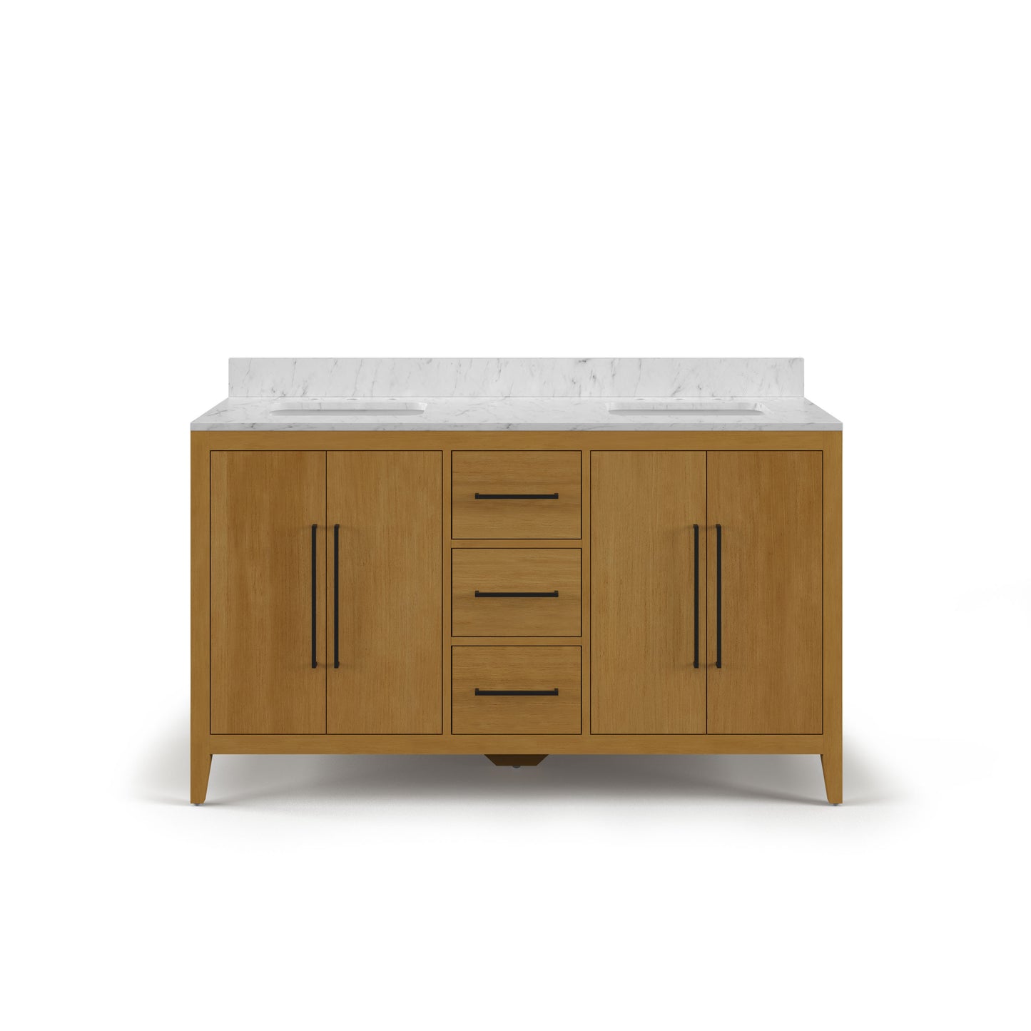 Lusso 60 in. Double Sink Freestanding Baja Oak Bath Vanity with Cararara White Engineered Marble Top (Assembled) | Water Creation