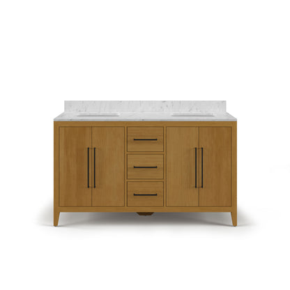 Lusso 60 in. Double Sink Freestanding Baja Oak Bath Vanity with Cararara White Engineered Marble Top (Assembled) | Water Creation