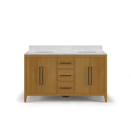 Lusso 60 in. Double Sink Freestanding Baja Oak Bath Vanity with Cararara White Engineered Marble Top (Assembled) | Water Creation