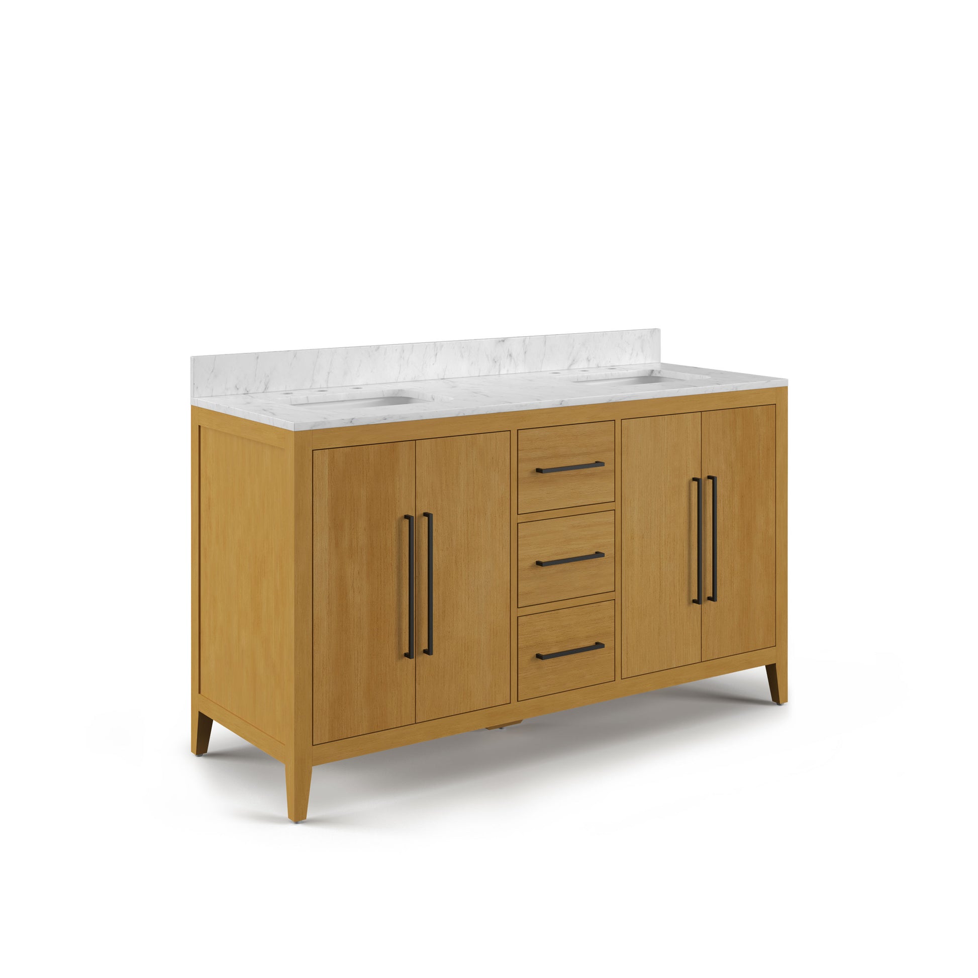 Lusso 60 in. Double Sink Freestanding Baja Oak Bath Vanity with Cararara White Engineered Marble Top (Assembled) | Water Creation