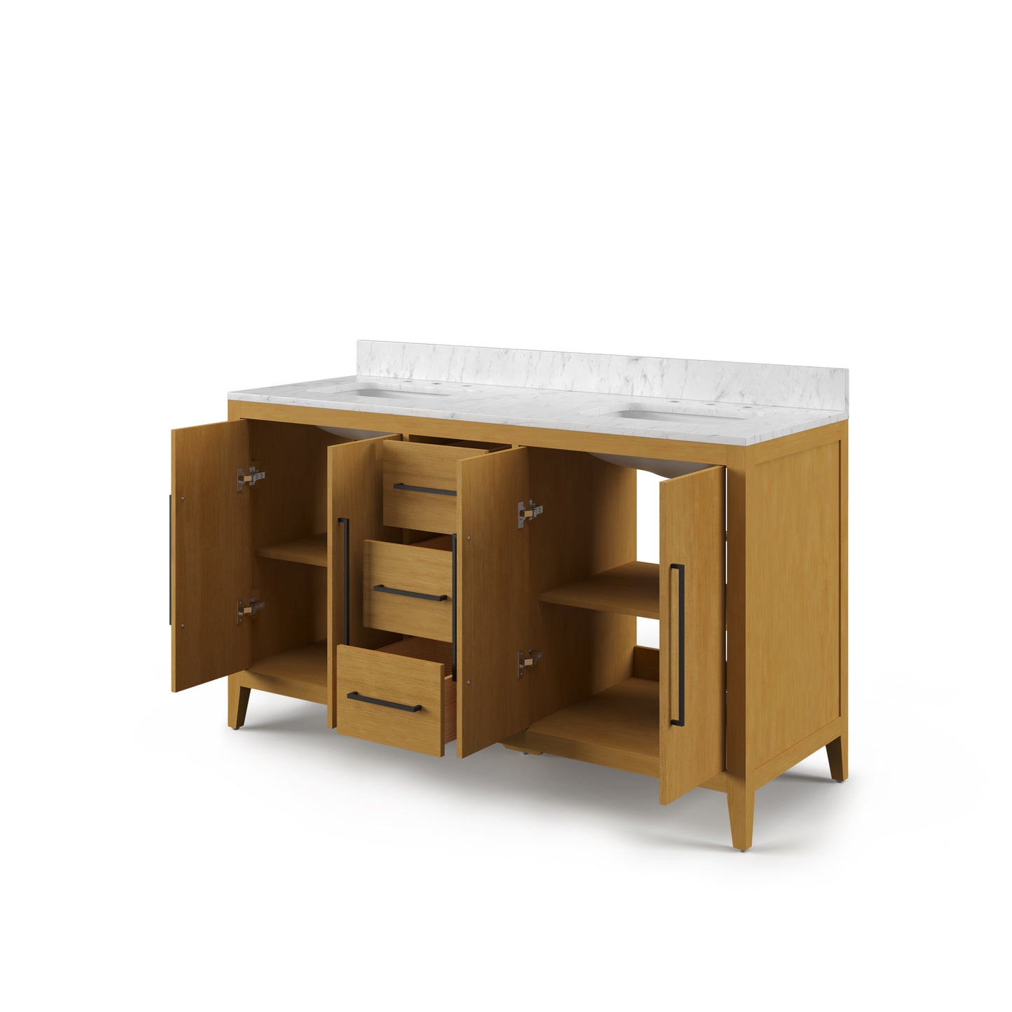 Lusso 60 in. Double Sink Freestanding Baja Oak Bath Vanity with Cararara White Engineered Marble Top (Assembled) | Water Creation