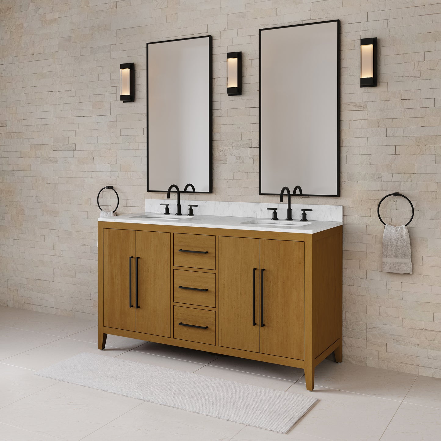 Lusso 60 in. Double Sink Freestanding Baja Oak Bath Vanity with Cararara White Engineered Marble Top (Assembled) | Water Creation