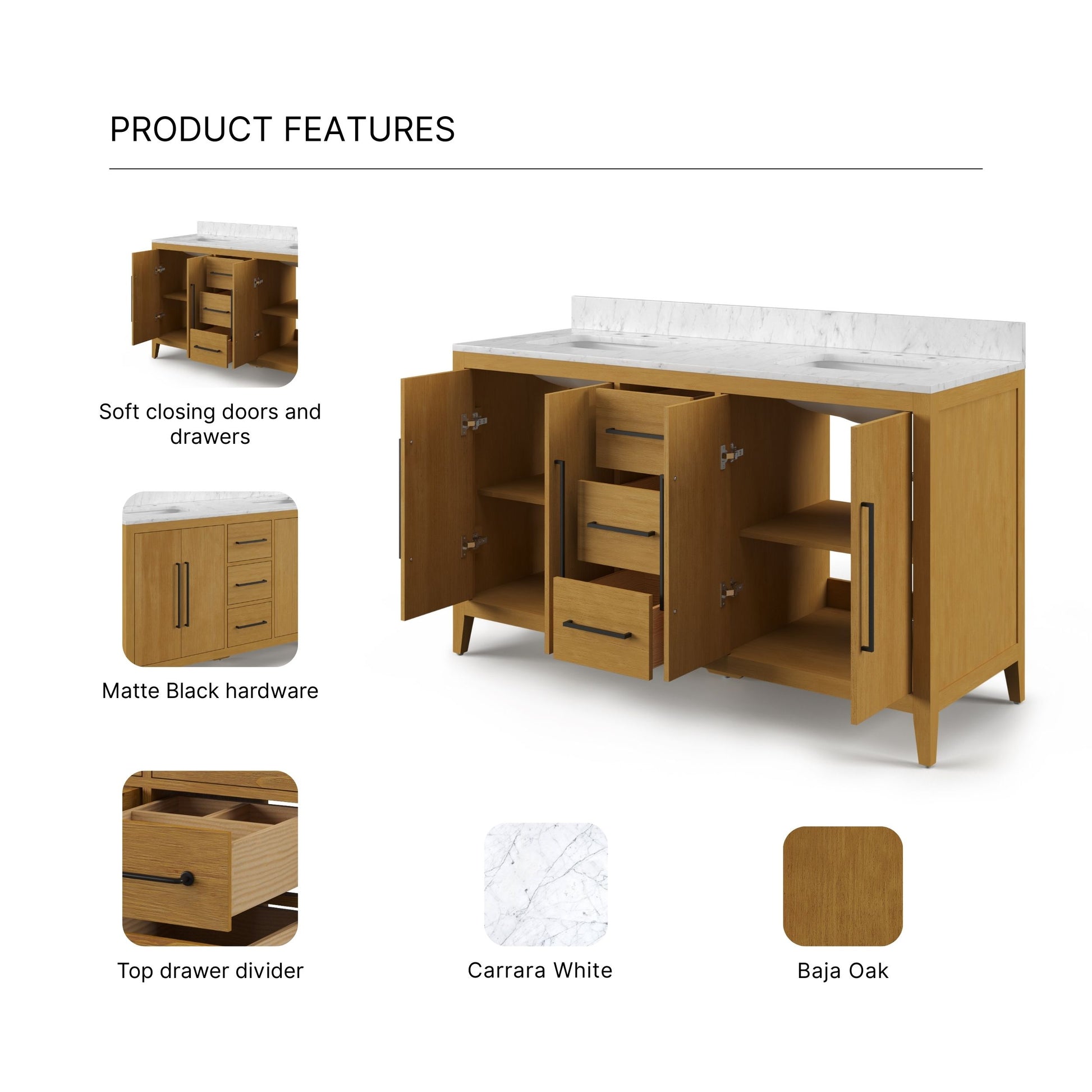 Lusso 60 in. Double Sink Freestanding Baja Oak Bath Vanity with Cararara White Engineered Marble Top (Assembled) | Water Creation